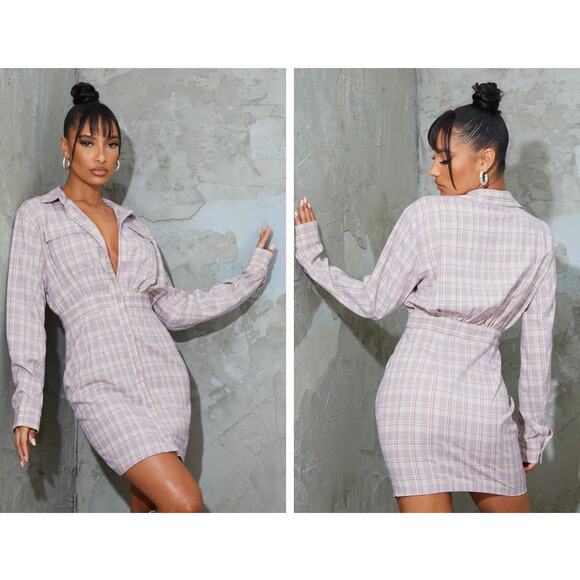 Pretty Little Thing Plaid Long Sleeve Button Down Lilac Shirt Dress NWT Sz 16 - Picture 14 of 15